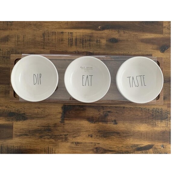 Rae Dunn 4 Piece DIP EAT TASTE Ceramic Dip Bowl Serving Platter Set Wood Tray - Picture 2 of 4